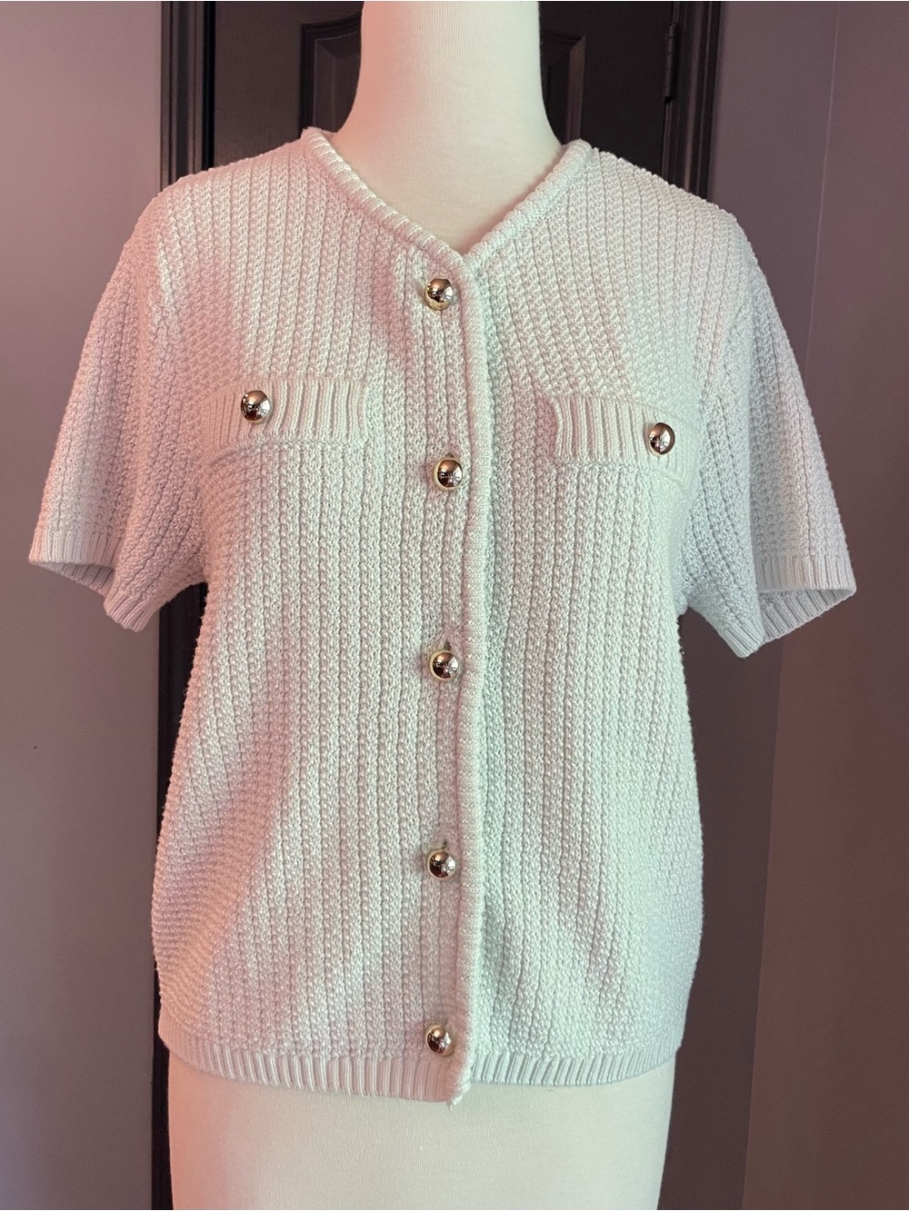 French Connection Off White Short-Sleeve Knit Button Cardigan
